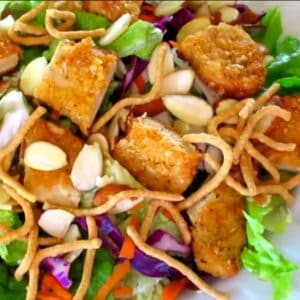 Applebee's vegan oriental chicken salad in a bowl.