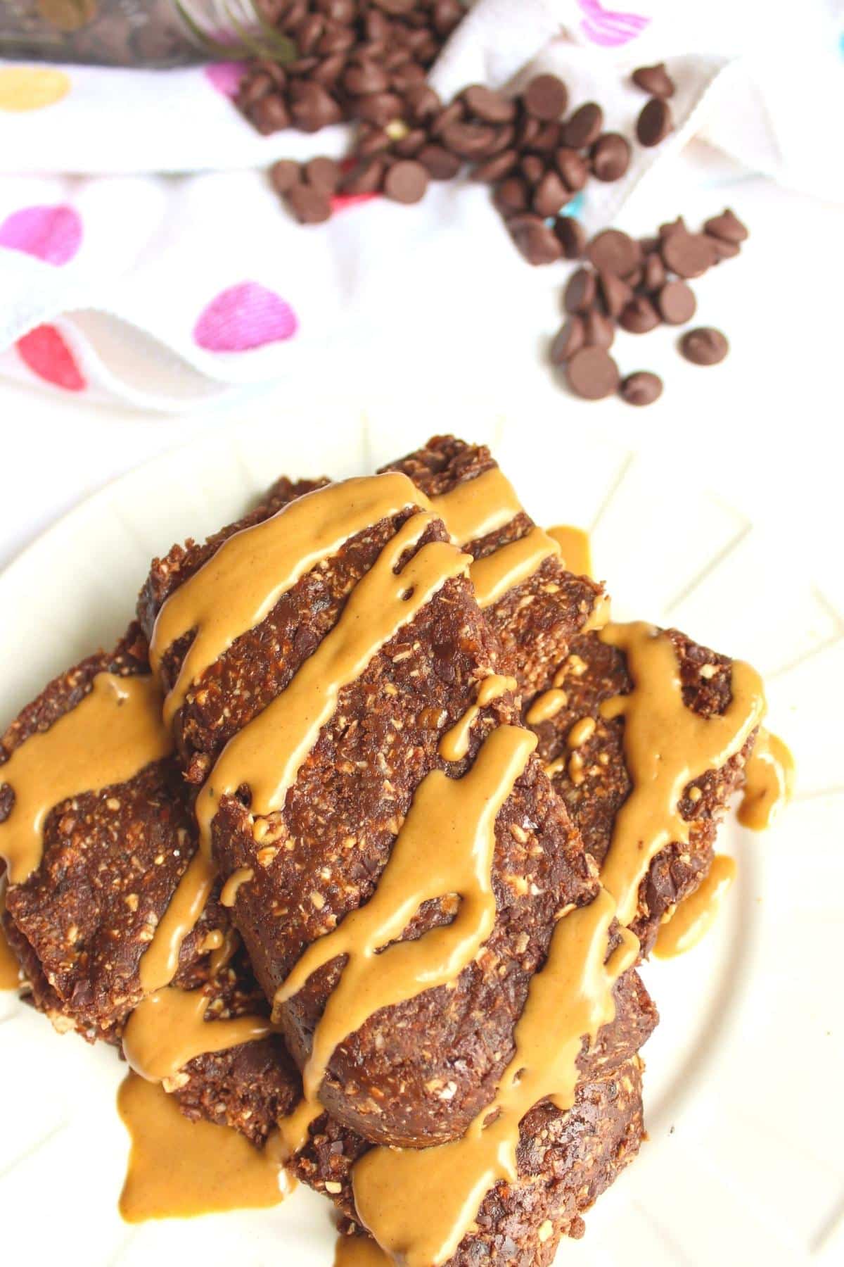 Date balls drizzled with peanut butter drizzle