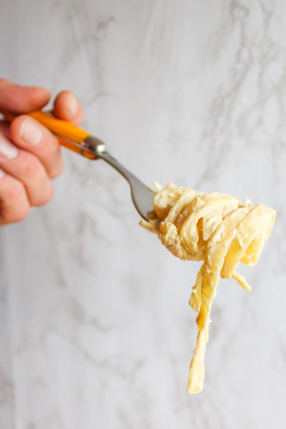 Hand holding a fork with dairy free alfredo fettuccine pasta.