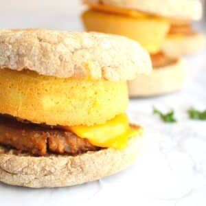 Vegan breakfast sandwiches on a table.