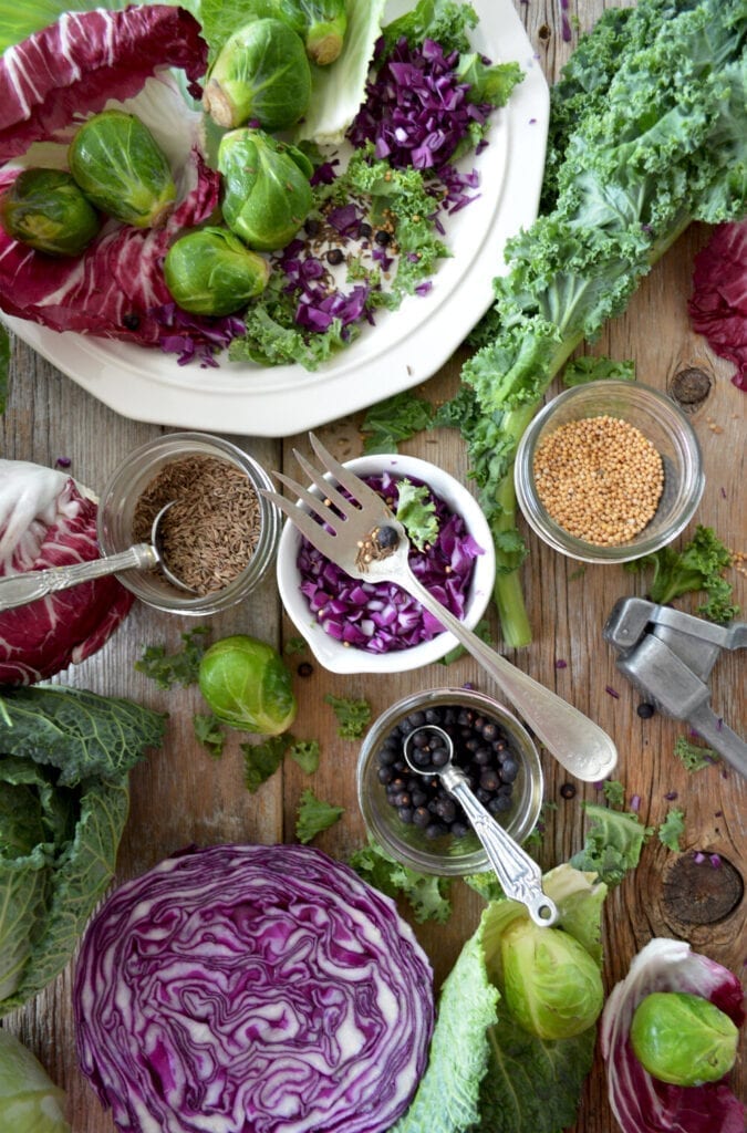 table full of brussels sprouts, kale and red cabbage