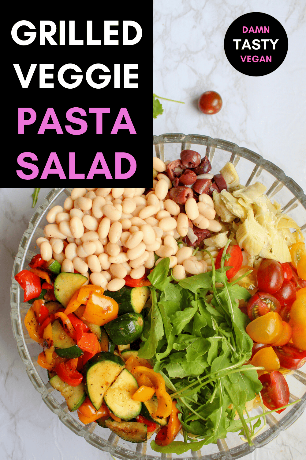 glass bowl of pasta salad for pinterest