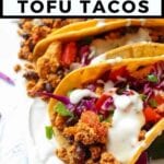 close up of tofu and bean tacos pinterest image