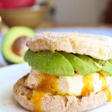 vegan fried egg sandwich with avocado