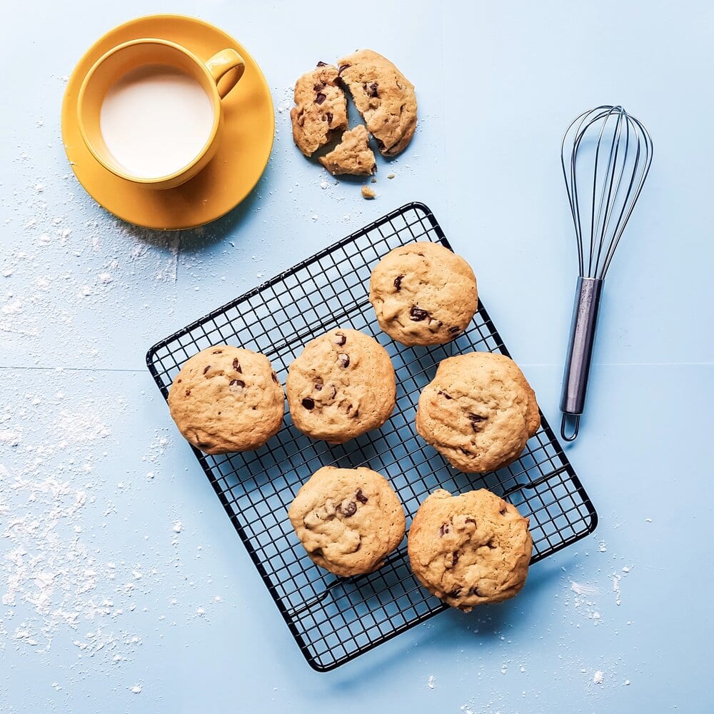 Chocolate chip cookies on a cooling rack