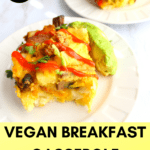Vegan breakfast casserole on a plate with avocado