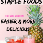 Pineapple, banana and rasberries with text overlay for pinterest