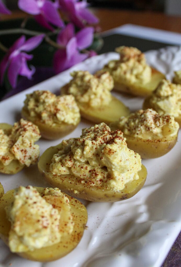 vegan deviled eggs on a platter