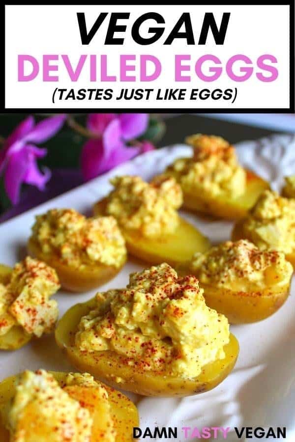 Vegan deviled eggs on a platter with text for pinterst