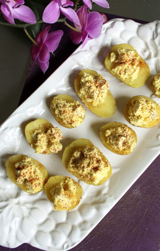 vegan deviled eggs on a platter