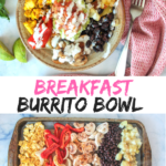 Vegan breakfast burrito bowl with text overlay for pinterest