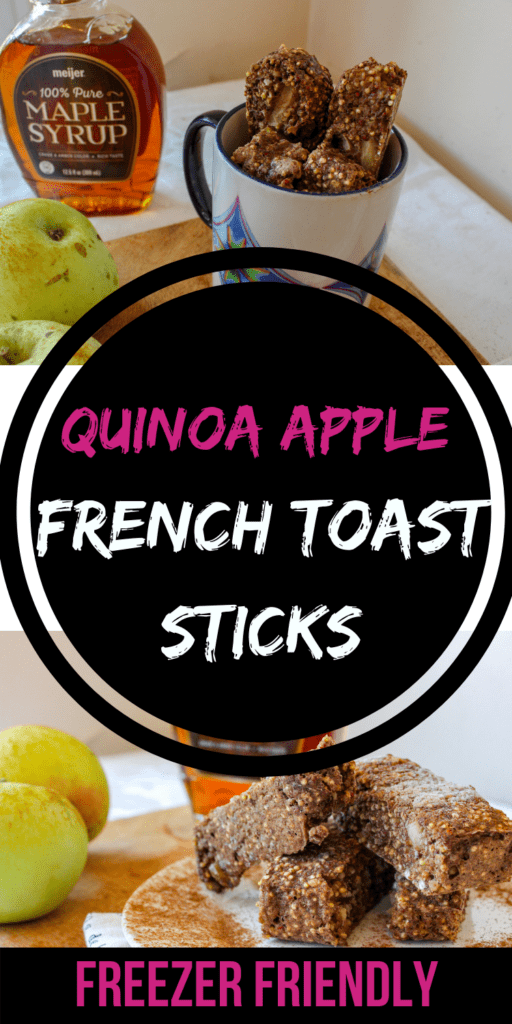 Delicious, healthy vegan quinoa apple cinnamon french toast sticks. Freezer friendly and easy to make. #veganrecipe #easyrecipe #veganbreakfast #freezerfriendly https://mariamusicmunchies.com/blog/2018/11/5/freezer-friendly-quinoa-apple-french-toast-sticks