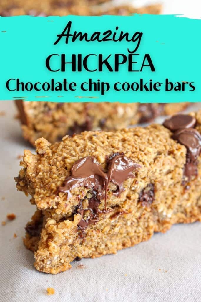 Close up of chickpea cookie bars with text overlay for pinterest