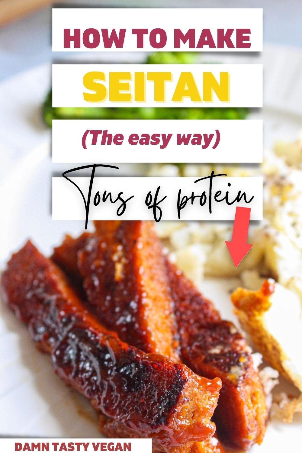 BBQ seitan on a white plate with text overlay for pinterest