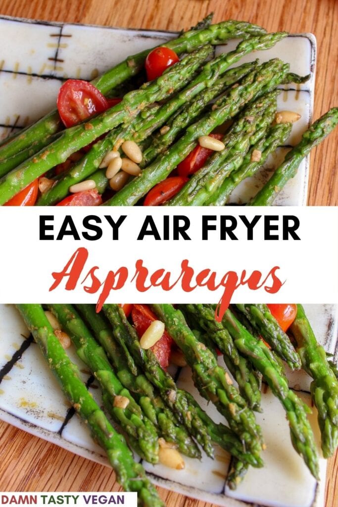 Roasted air fryer asparagus on a plate with cherry tomatoes