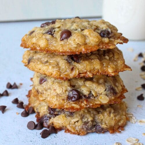 Stack of four vegan oatmeal chocolate chip cookies