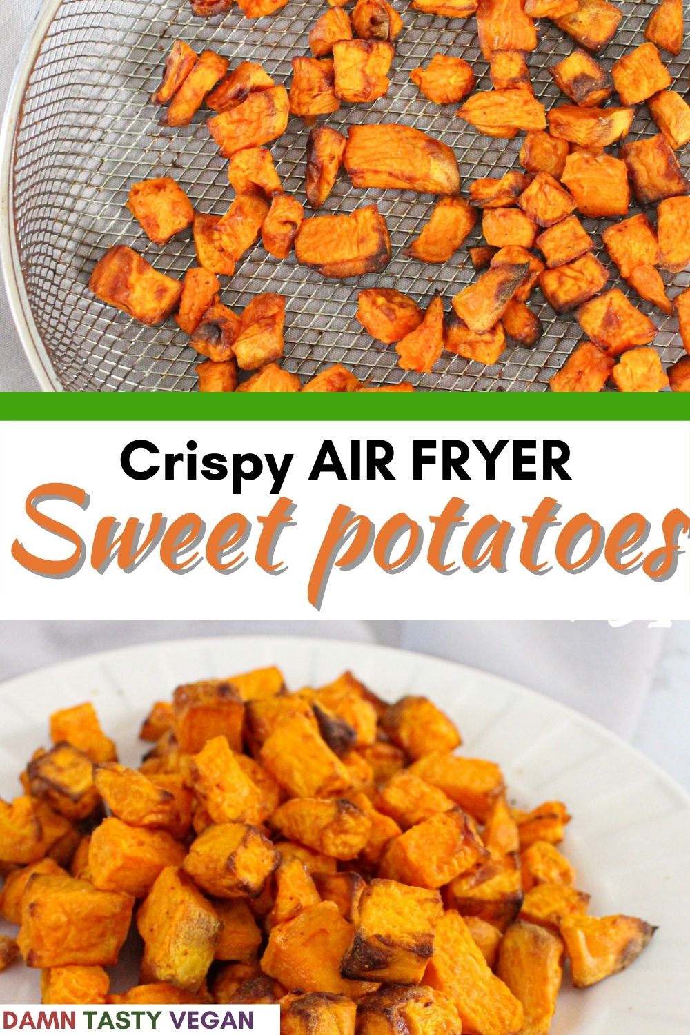 Sweet potato cubes on a plate with text overlay for pinterest. 