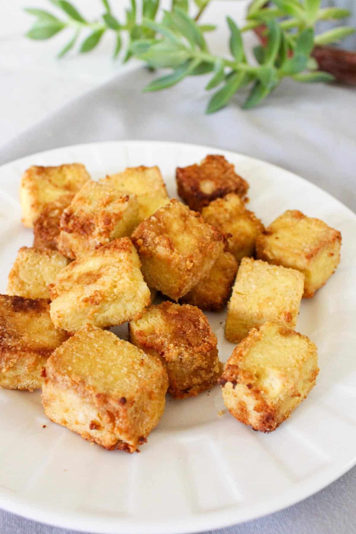 Crispy tofu cubes on a plate