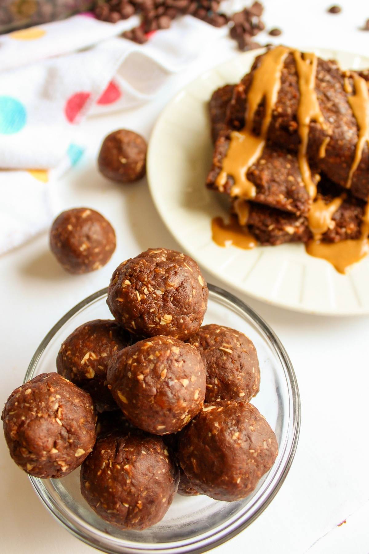 Date energy balls in a small glass serving bowl