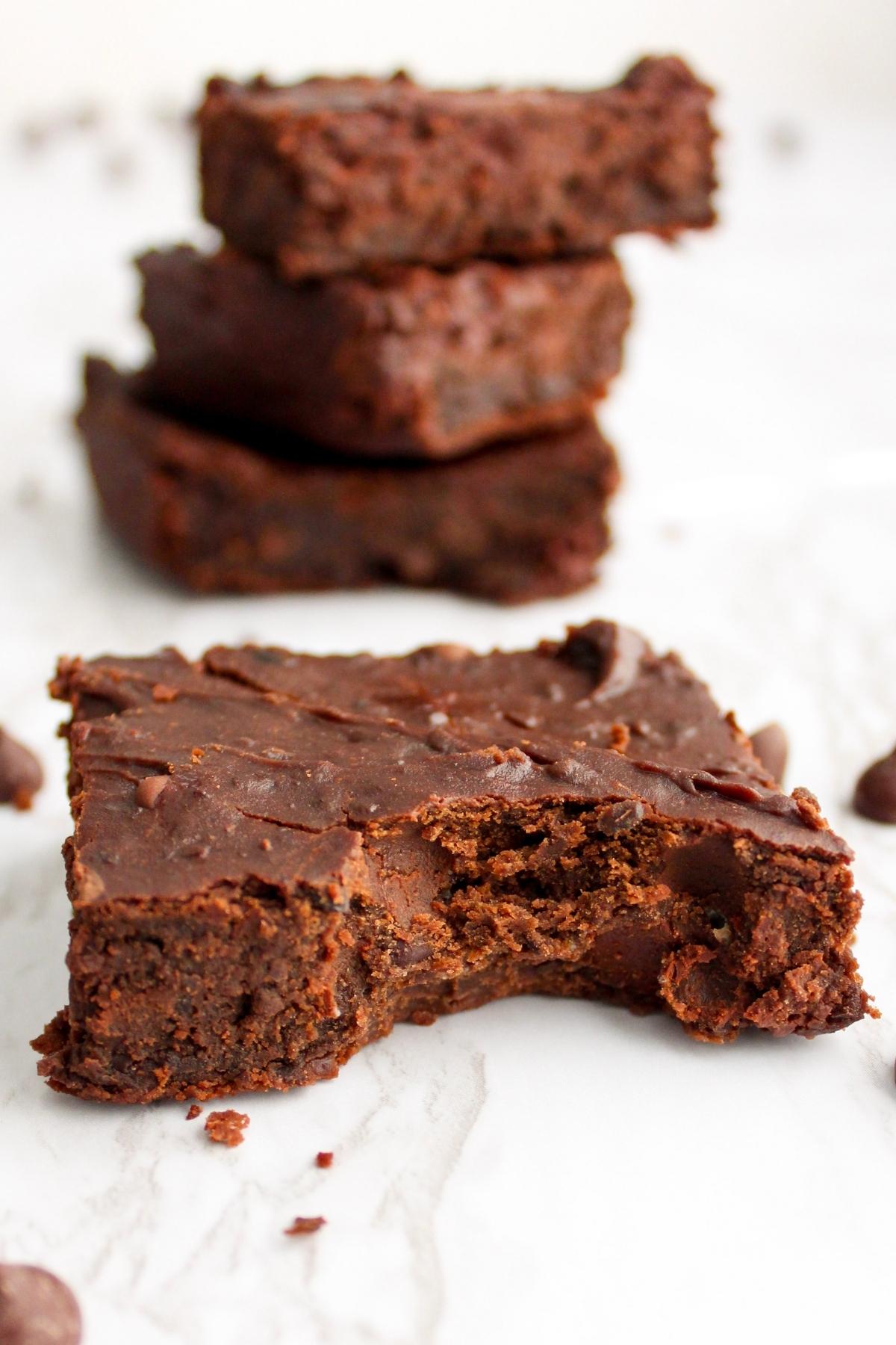 Black bean brownie with a bite taken out of it