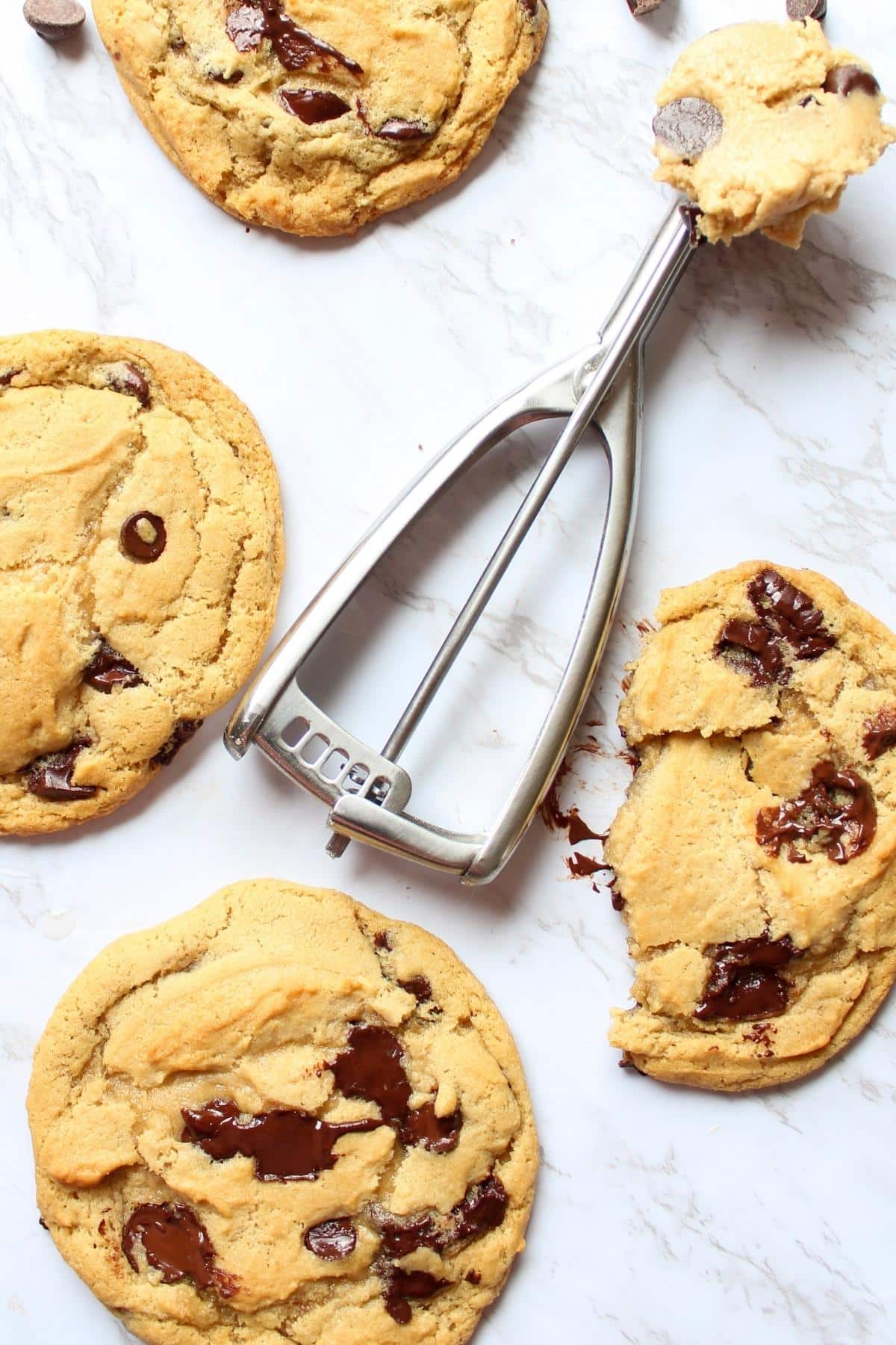 Eggless chocolate chip cookies on a counter