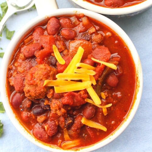 Overhead view of a cup of vegan instant pot chili