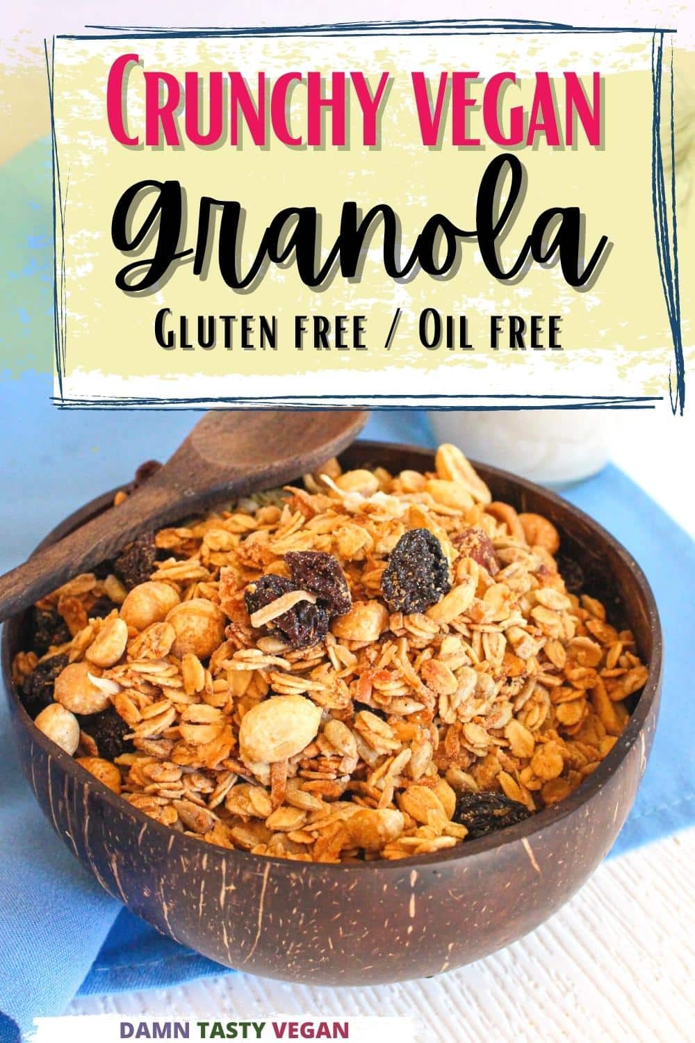 Vegan granola in a wooden bowl. 