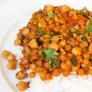 Lentil and chickpea curry on a plate