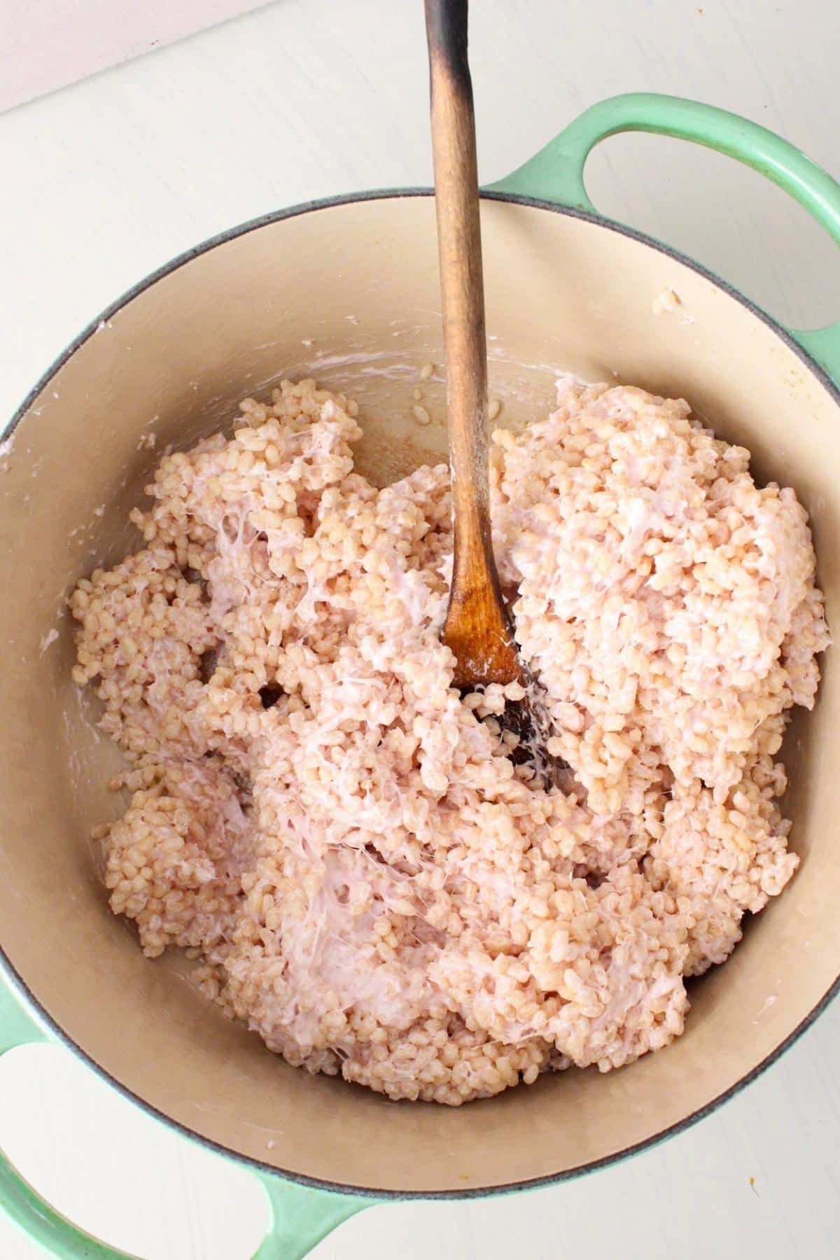 Vegan rice krispie treats in a pan on the stove