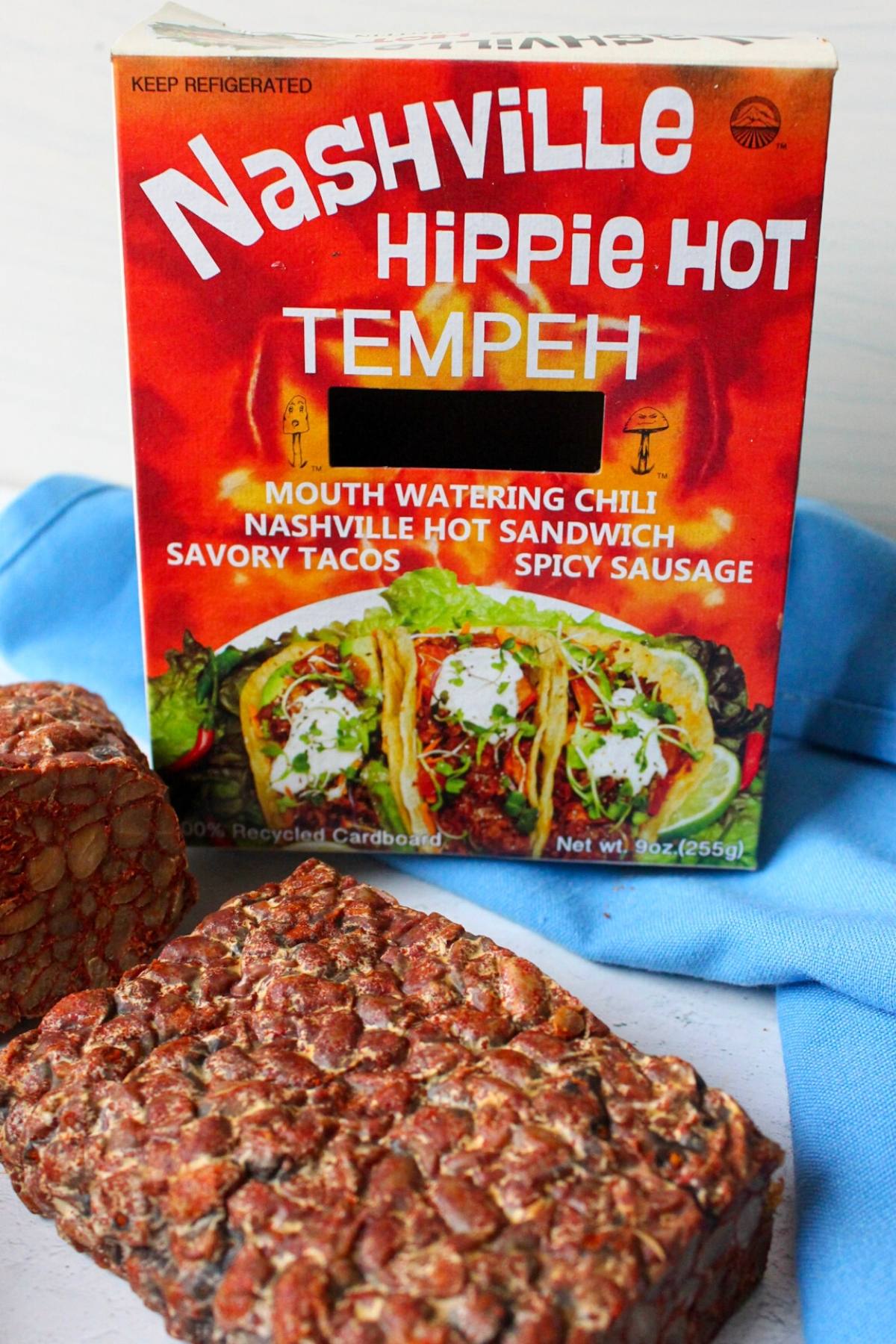 Close up of box of tempeh