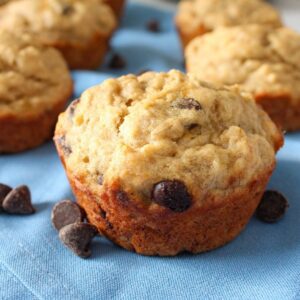 Close up of vegan banana chocolate chip muffins