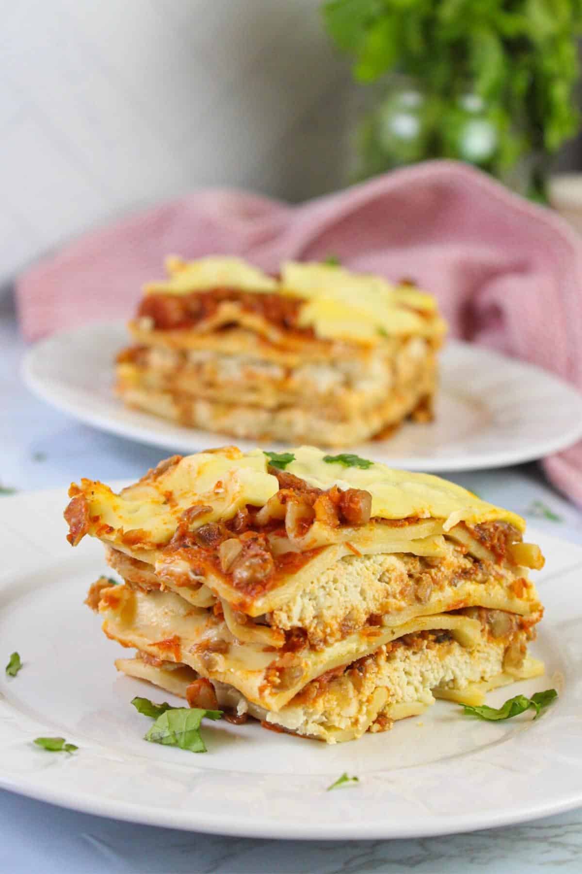 Close up of vegan lasagna on a plate