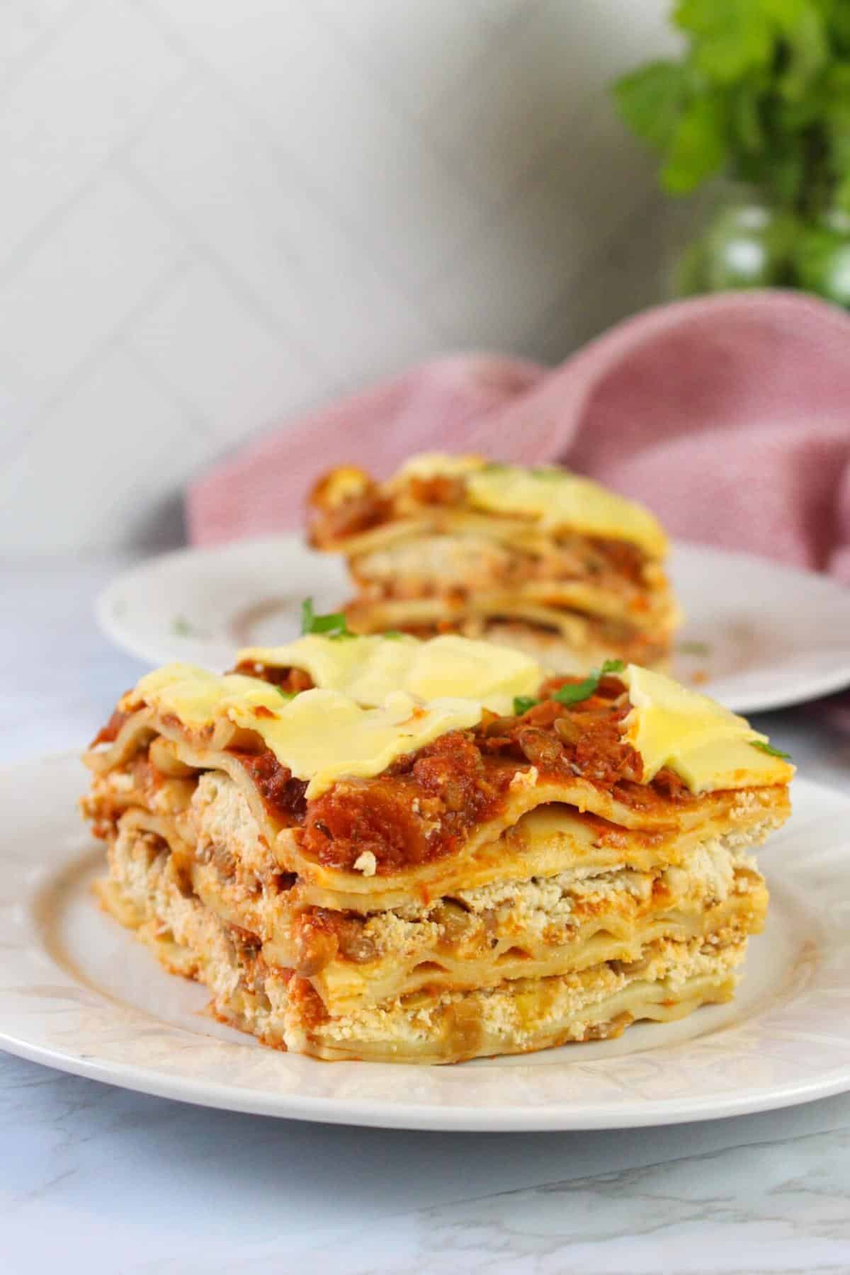 Two slices of dairy free lasagna on a plate