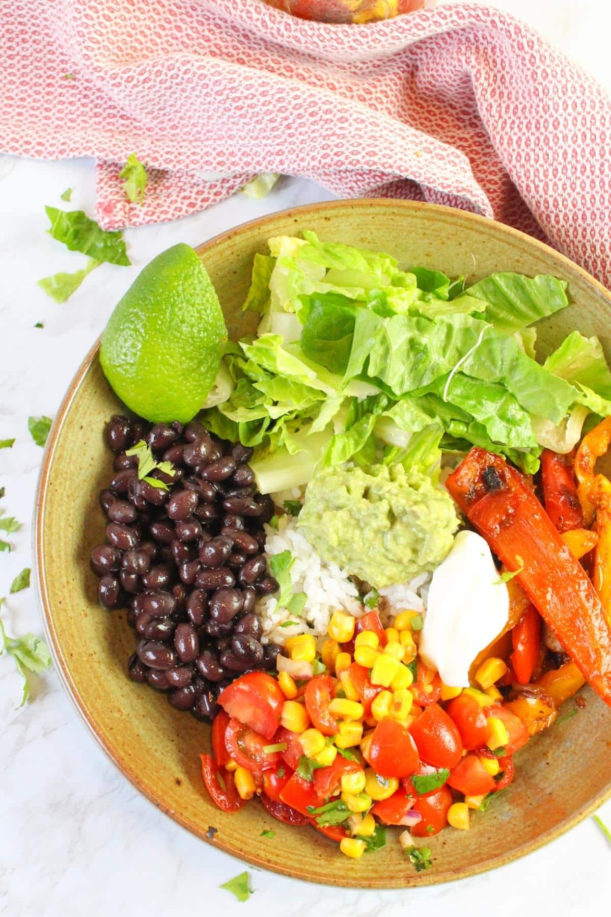 Overhead view of vegan Mexican bowl on a table