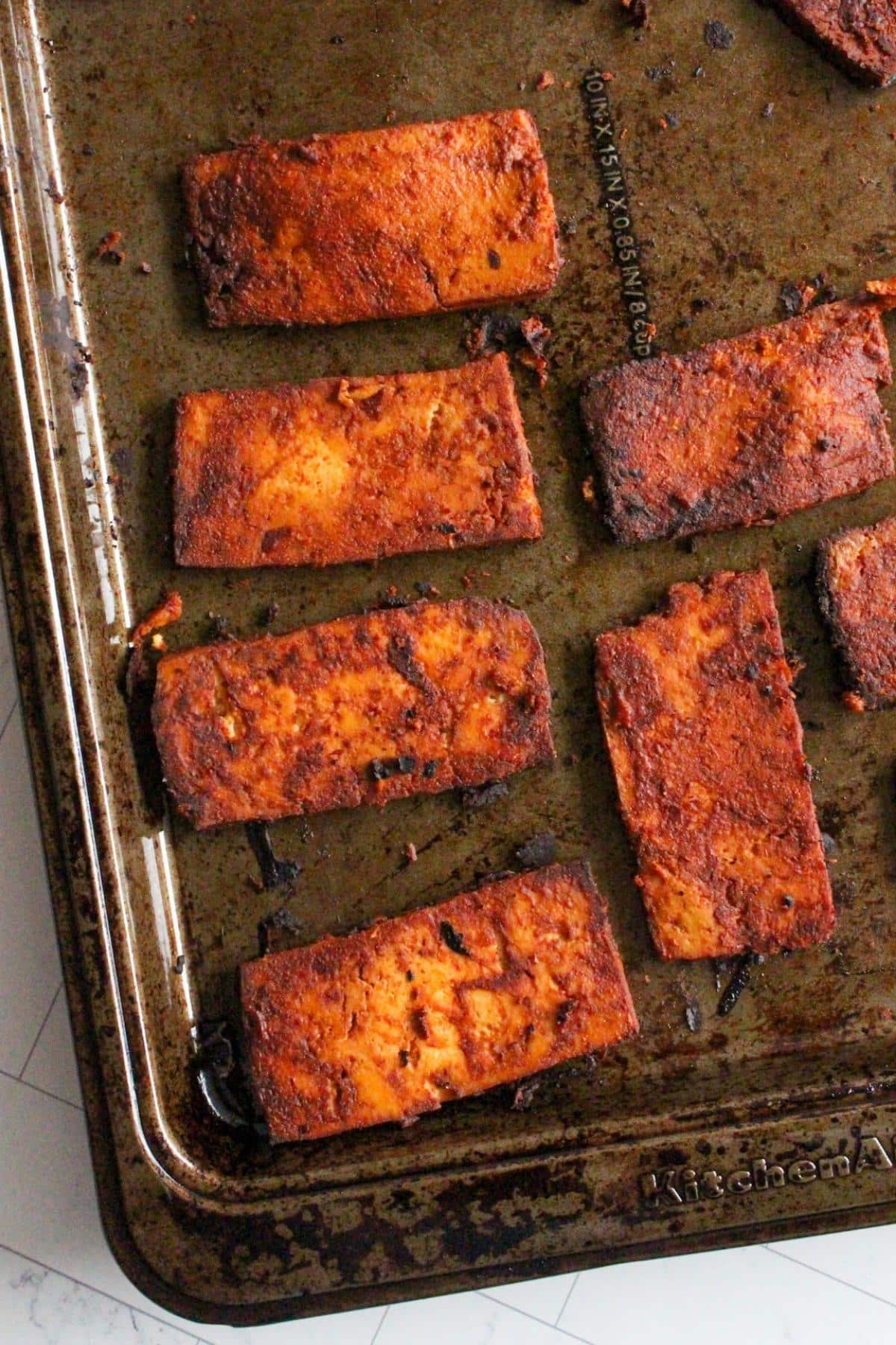 Oven tray lined with tofu bacon