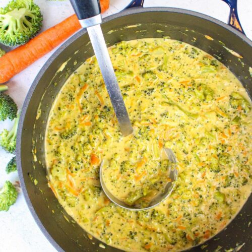 Dutch oven pan filled with vegan broccoli cheddar soup