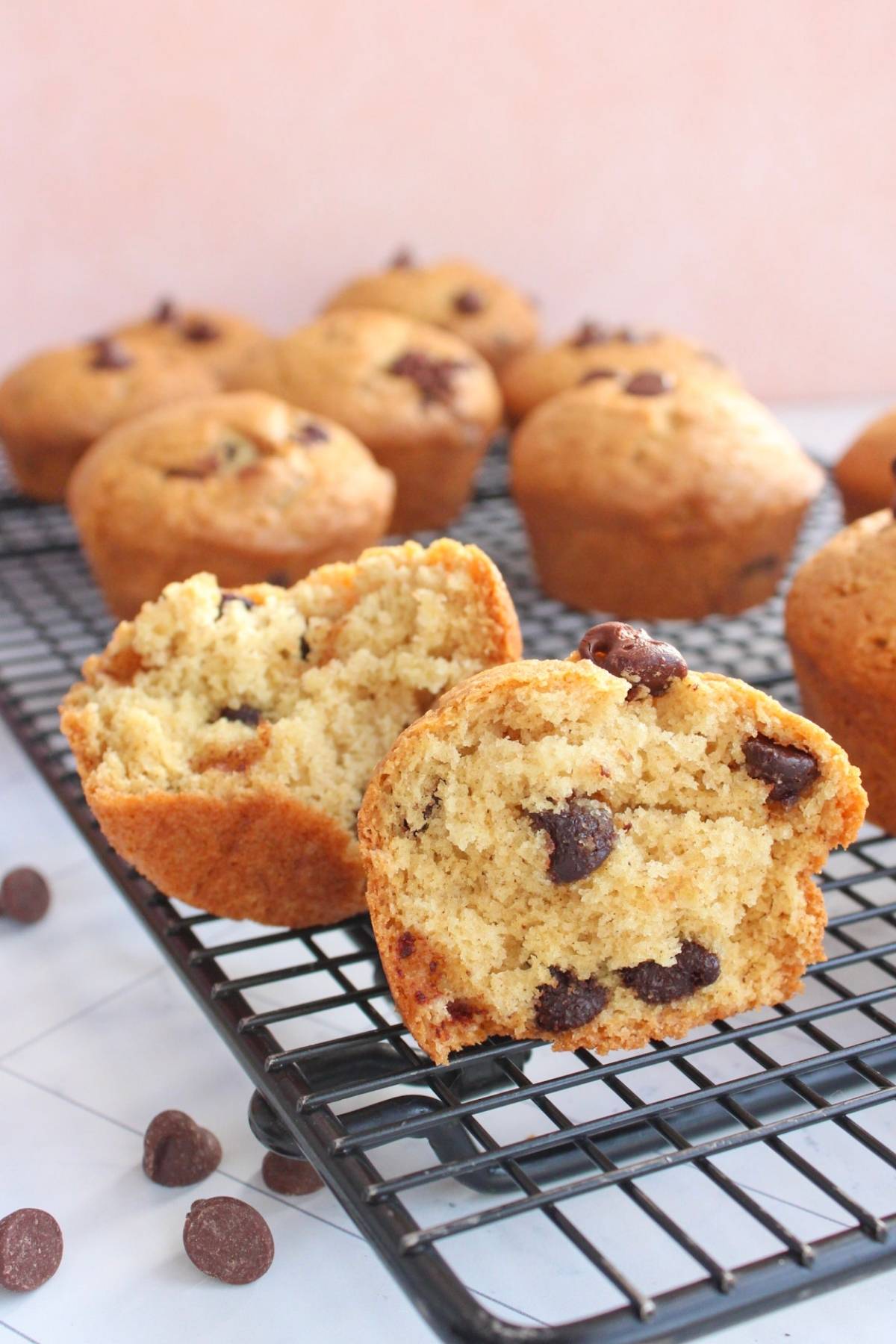 Vegan chocolate chip muffins on a cooling rack