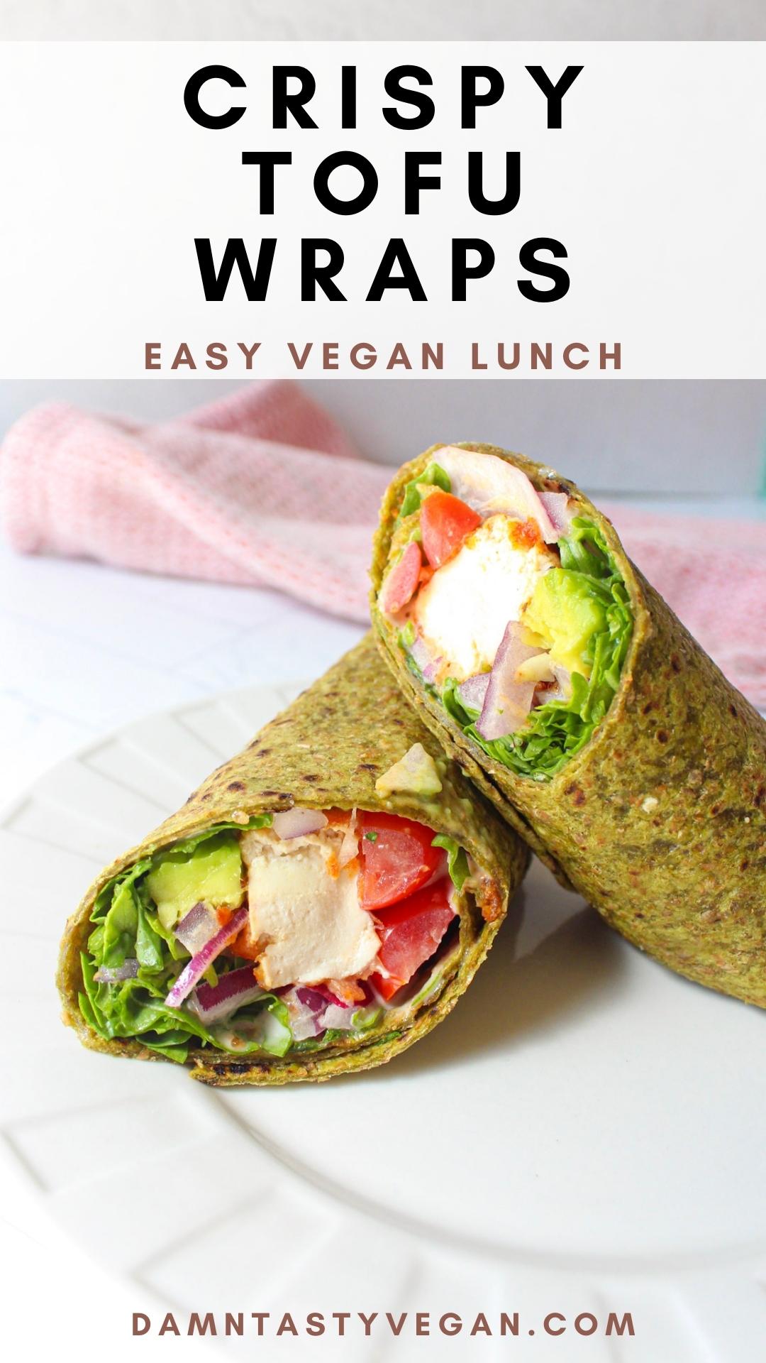 Crispy tofu wrap on a plate with text overlay for pinterest.