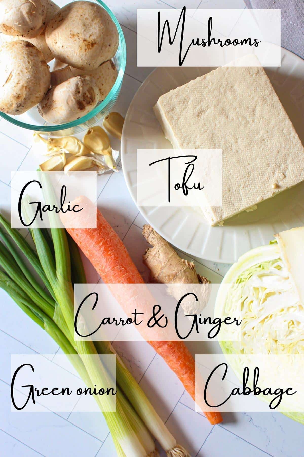 Ingredients for vegan dumplings laid out on a table