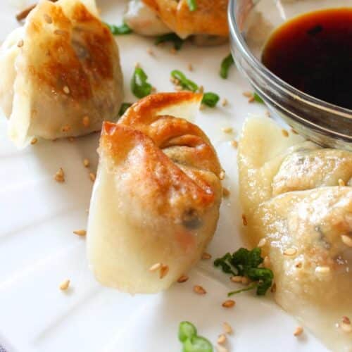 Close up of vegan dumpling on a plate with soy sauce.
