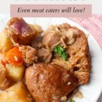 Vegan pot roast image with text overlay for pinterest