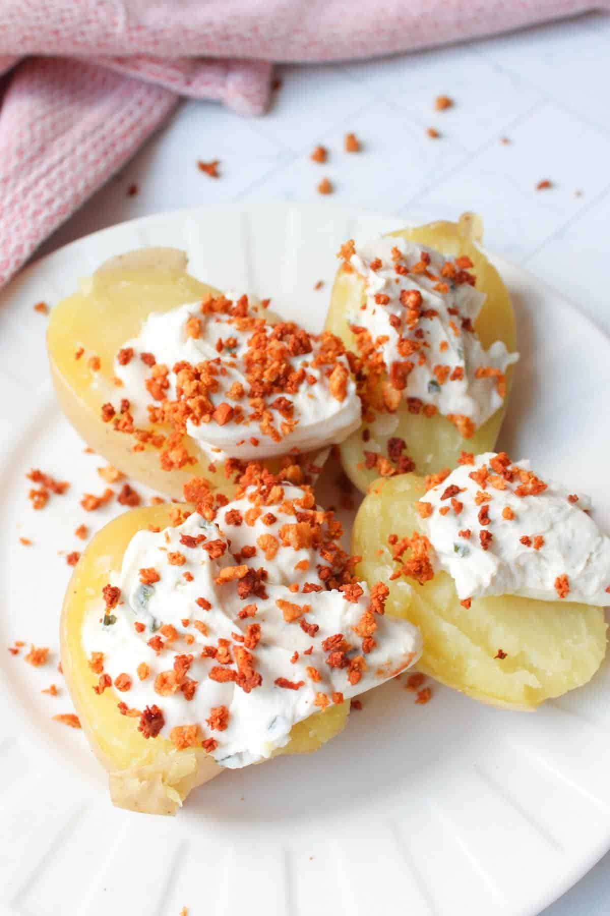 Vegan bacon bits on a baked potato.