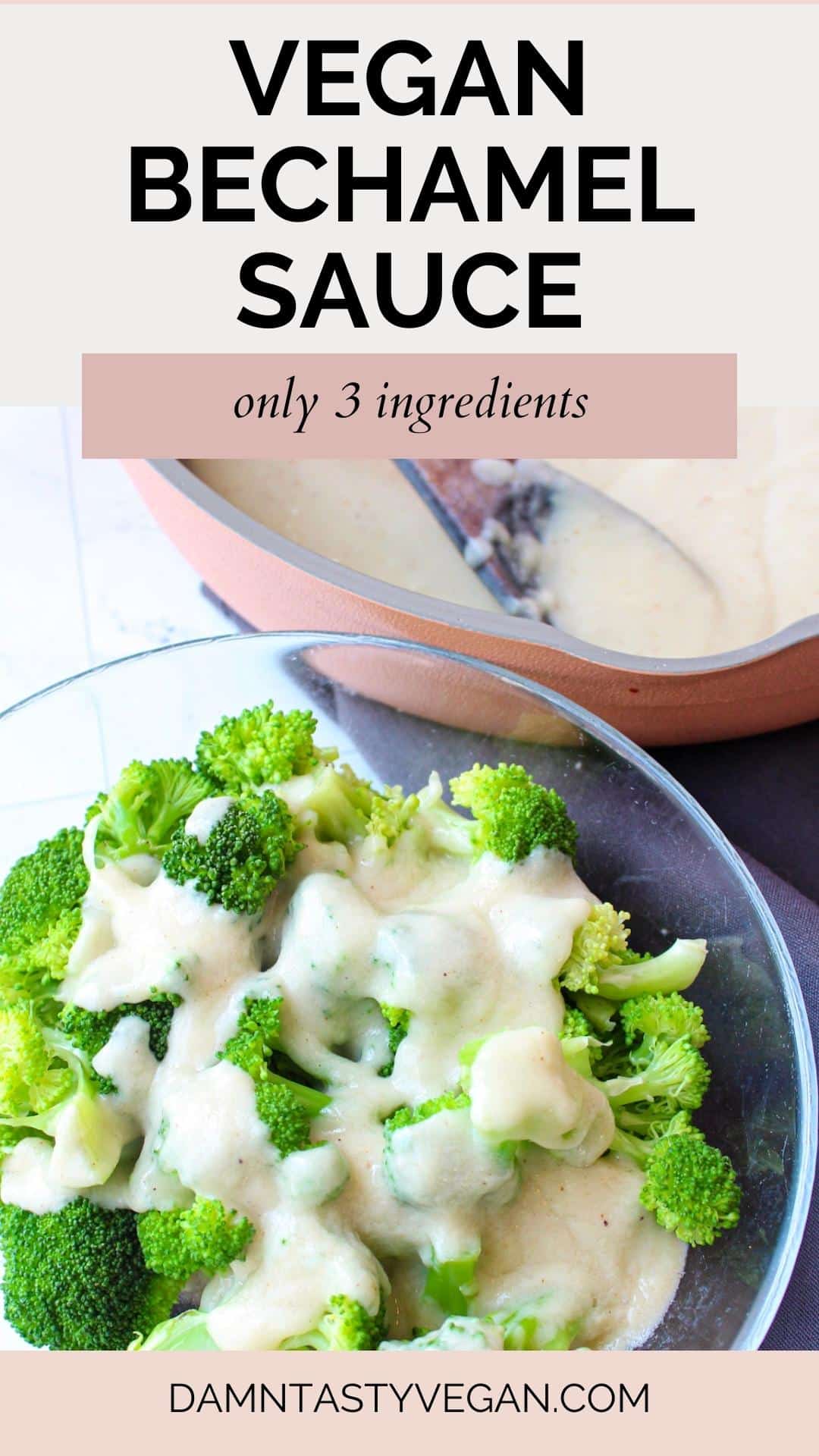 Vegan bechamel sauce (white sauce) drizzled over steamed broccoli.