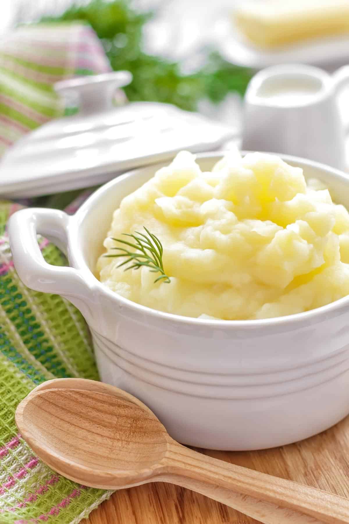 Instant pot no drain mashed potatoes in a serving dish