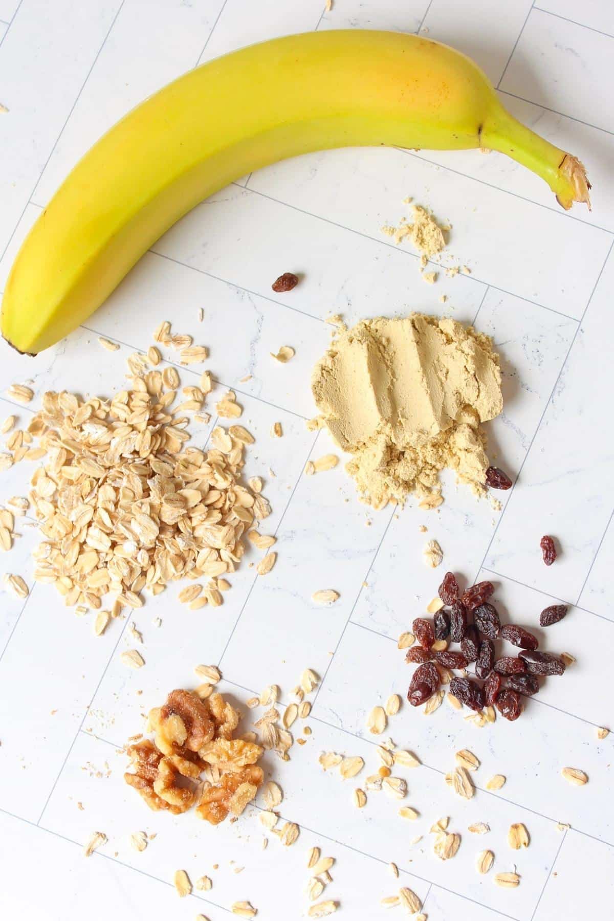 Protein overnight oats breakfast ingredients on a white countertop