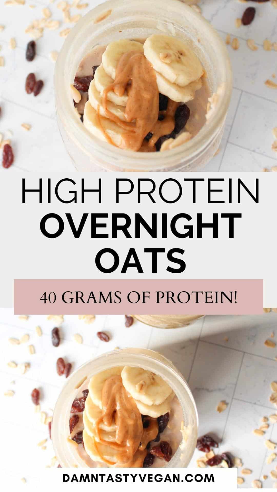 High protein overnight oats in a mason jar topped with peanut butter