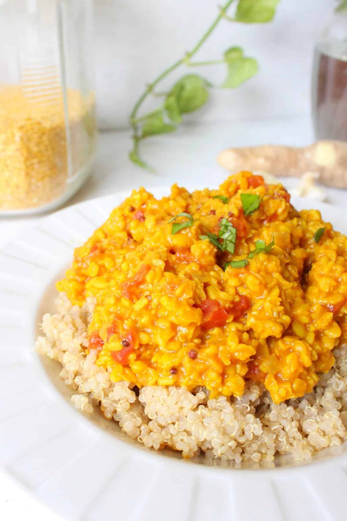 Yellow lentil dal over rice