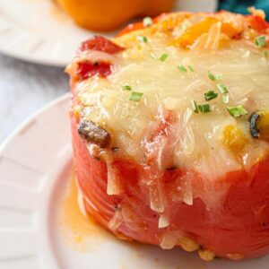 Vegan stuffed peppers on a serving plate