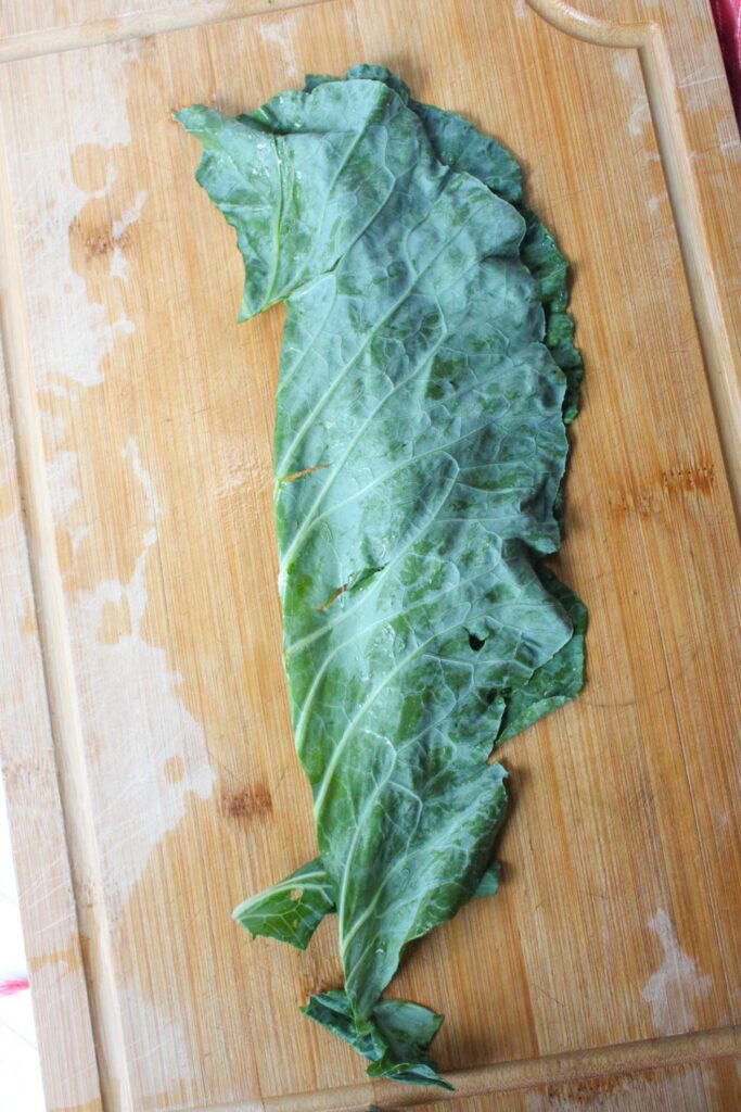 collard green being cut up.