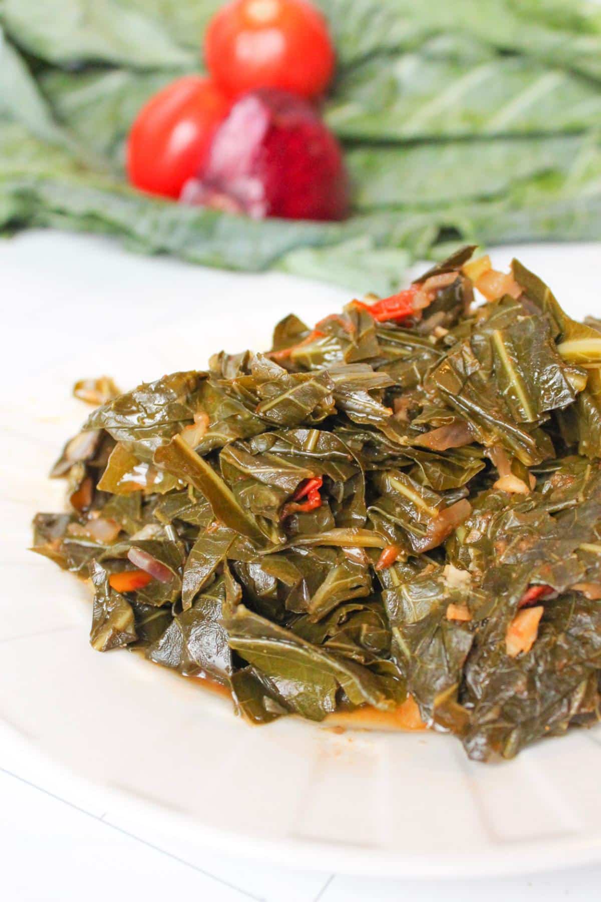 Vegan instant pot collard greens on a serving plate.